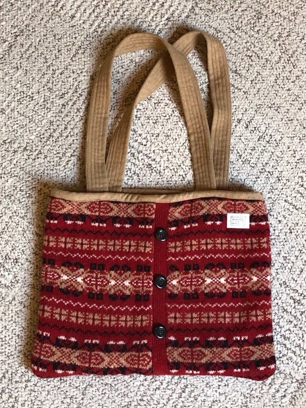 Red Patterned Knit Tote with Tan Straps
